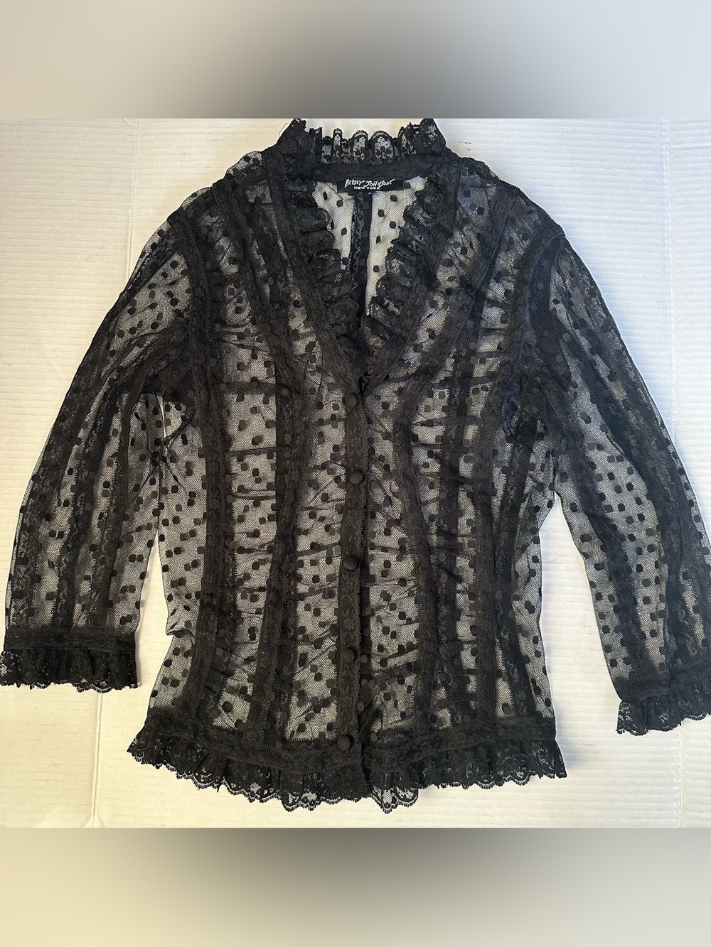 VTG Betsey Johnson Black Lace Cardigan Top S -XS Ruffle WhimsiGoth Fairy Grunge
